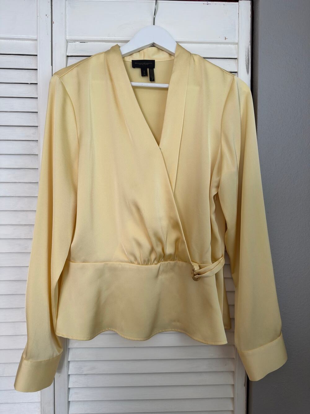 Donna Karan New York Satin Faux Wrap Long Sleeve Blouse Gold Hardware M